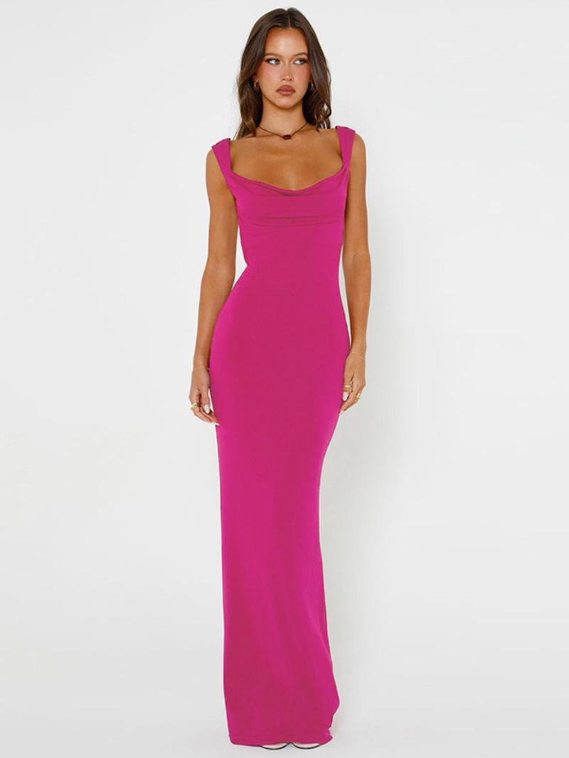 Product Introduction of Women's Plain Backless Bow Back Draped Tank Dress, Solid Cowl Neck Sleeveless Maxi Dress for Party Club Dating Wear, Ladies Summer Clothes Valentine's Day, Holiday Dresses 1