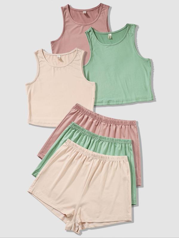 Women's Solid Round Neck Loungewear Set, Casual Tank Top & Elastic Waist Shorts Set, Women's Sleepwear for All Seasons, Summer Outfits 2024, Homewear 3