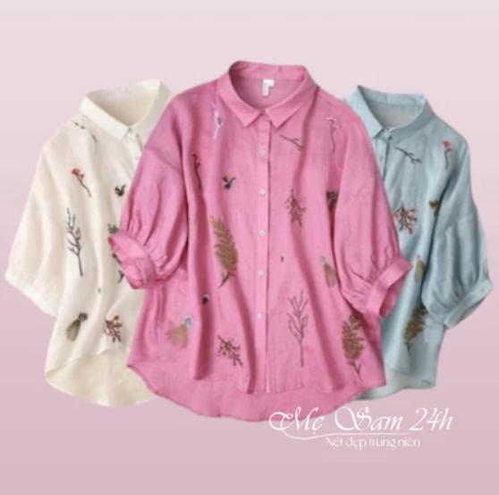  Áo Sơ Mi Nữ Form Rộng Bigsize Áo Kiểu Nữ Tay Lỡ Thêu Hoa Sang Trọng Chất Liệu Đũi Tơ Mềm Nhẹ Mát - Mẹ Sam 24h - H.55 Women Top Voan Shirt 