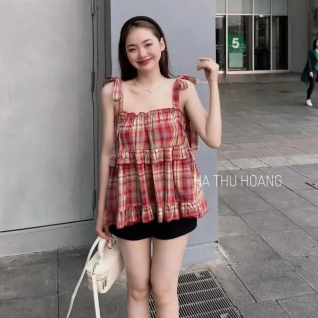 Set Áo kiểu nữ đẹp caro hồng áo babydoll Women Voi Top Women Voi❤️