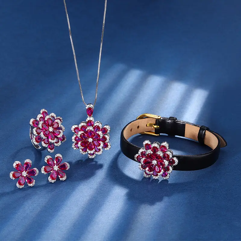 TopKiss Luxury Artisanal Set: Gemstone Copper Base with Gold Plating, Imitation Red Corundum, Everlasting Flowers, Exquisite Jewellery for Women