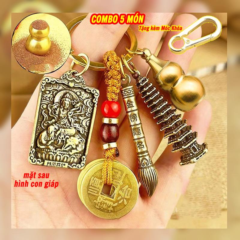 [5 MÓN] Móc Khóa Đồng Thau 12 Con Giáp, Gồm 5 Món Dây 5 Xu, Bầu Rỗng,Thẻ Vị 2 Mặt Ph.ật Bản Mệnh 12 Con Giáp, Tháp và Bút Văn Xương, Kèm Cát Đỏ, tặng móc bấm hợp kim và bao lì xì đỏ