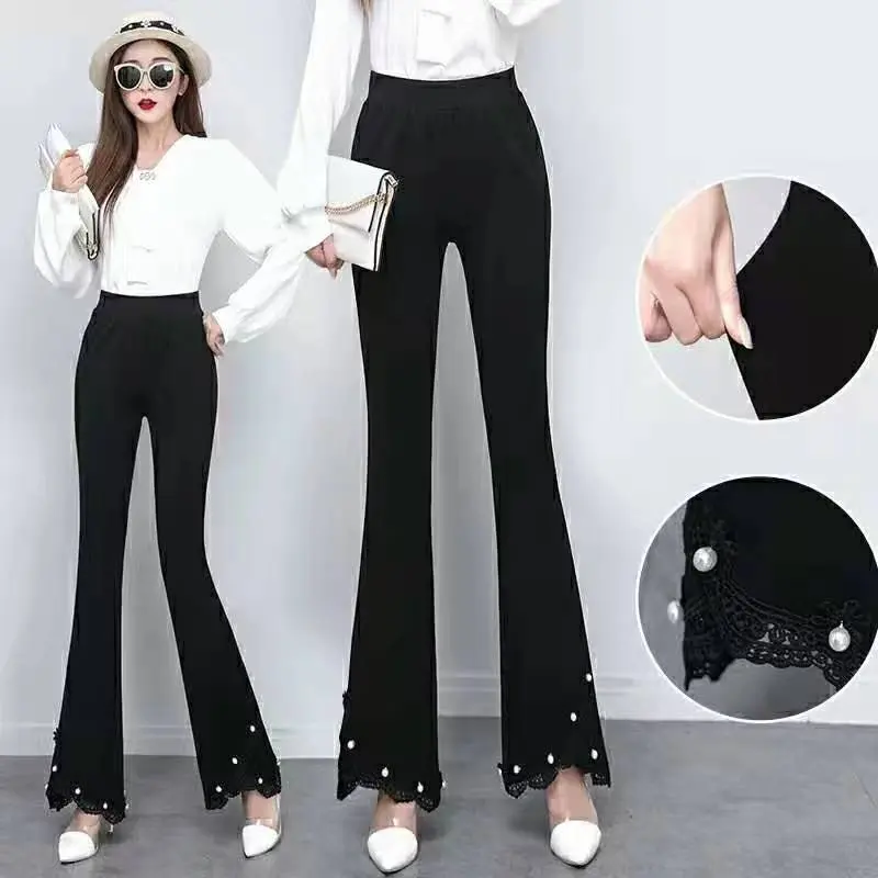 Quần Dài Ống Loe, Dáng Ôm, Dành Cho Nữ, Hàng Mới Về Mùa Hè 2024, Phong Cách Hàn Quốc, Thời Trang, Cạp Cao, Dáng Ôm, Xếp Ly, Đính Cườm, Quần Thường Ngày