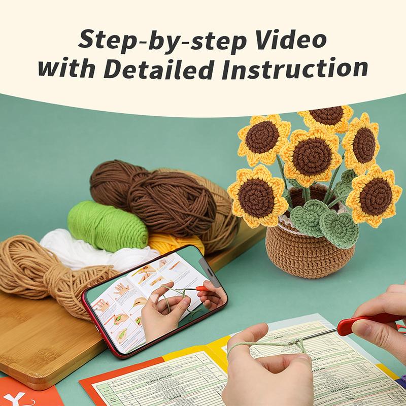 Daisy & Sunflower Design Crochet Kit, 2 Counts/set Floral Crochet Starter Set with Step-by-Step Video Tutorials, Complete Knitting & Crochet Kit for Beginners Adults, DIY Handmade Knitting Supplies 3