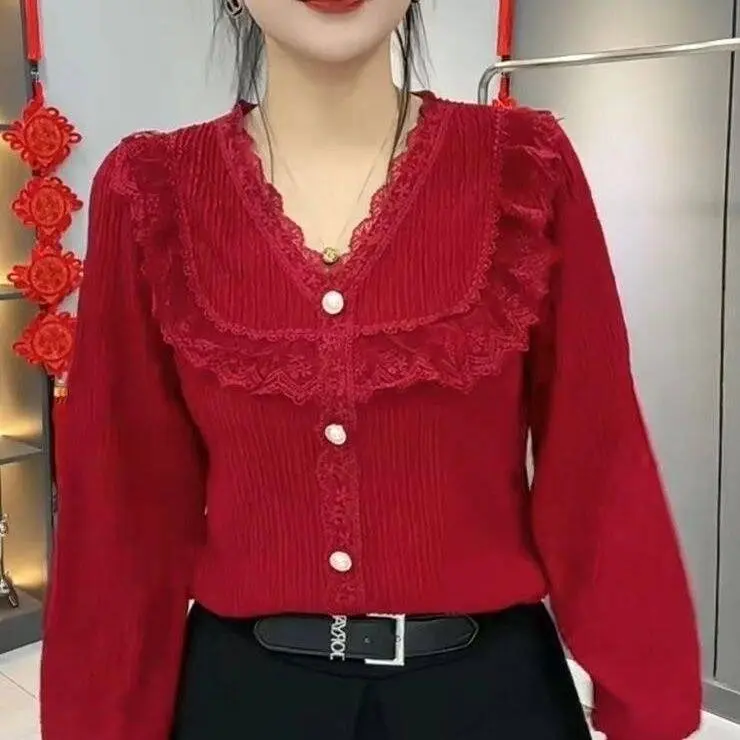 Áo Xếp Ly, Cho Nữ, Cổ Chữ V, Có Ren Mùa Xuân, Tay Dài, Dáng Rộng, Cô Gái Đầy Đặn, Thời Trang, Sành Điệu