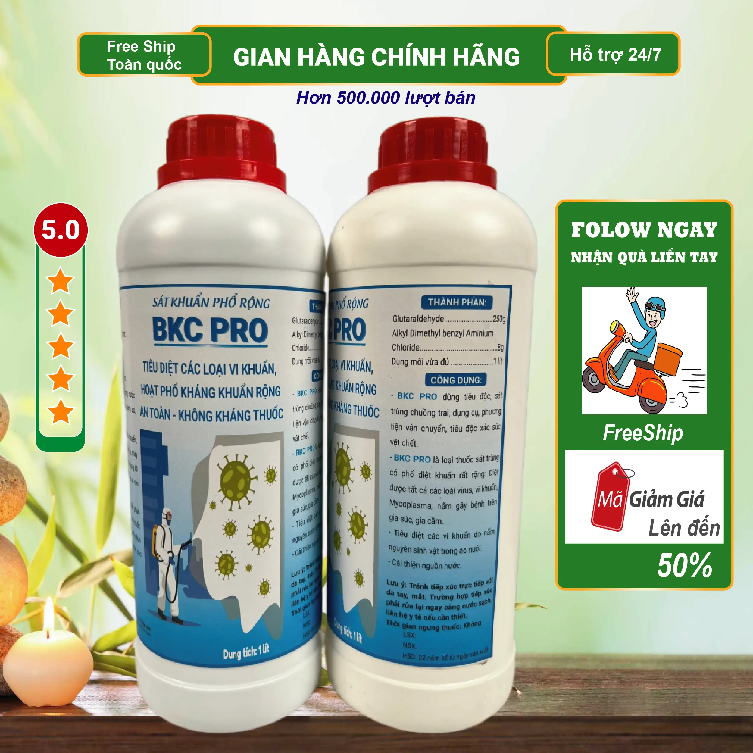 BKC Pro 1 lít - BKC diệt khuẩn- Dung dịch sát trùng - Tiêu diệt vi khuẩn - Sát khuẩn chuồng trại - Sát khuẩn ao nuôi - Sát trùng nguồn nước - Diệt kkuẩn nguồn nước - Diệt nấm, tảo ao nuôi - Hóa chất xử lý môi trường - Glutaral- BKC