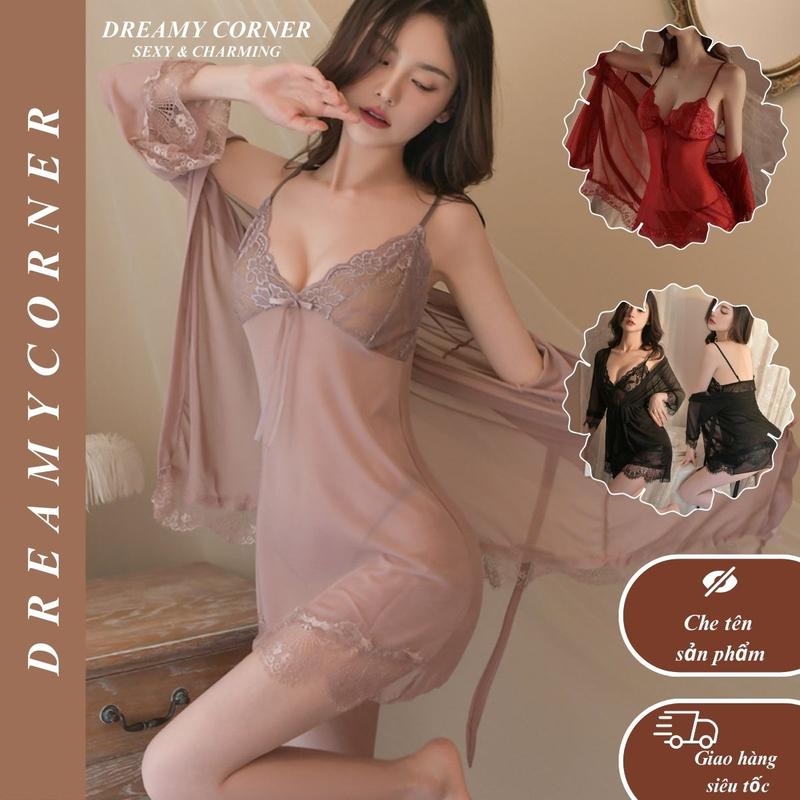 Váy ngủ nữ sexy ren voan mỏng có kèm Áo choàng xuyên thấu quyến rũ tặng Chip DN06 Đồ ngủ nữ gợi cảm