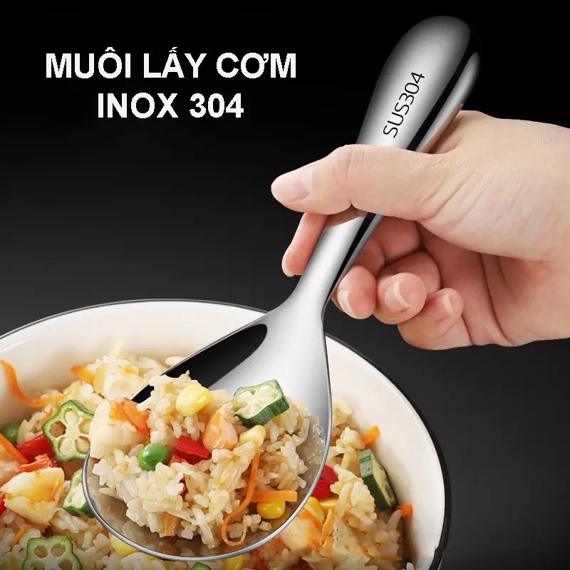 Muôi Lấy, Xới Cơm Bằng Inox 304 Chống Dính, Không Han Rỉ, Sáng Bóng, Sang Trọng - Muỗng Xới Cơm Inox, Muôi Xới Cơm Inox Cao Cấp Cán Cầm Dài, Cách Nhiệt An Toàn