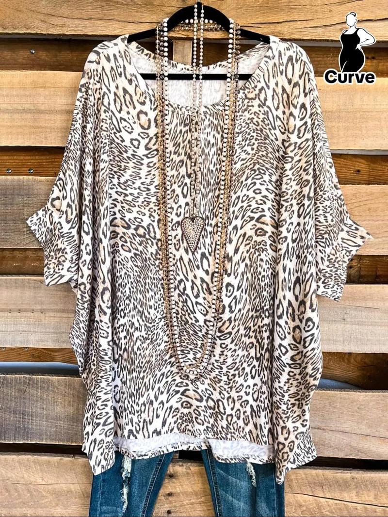 Product Introduction of 【Plus Size】 Leopard Print Batwing Sleeve Tee, Casual Short Sleeve Scoop Neck T-Shirt for Summer, Women's Plus Size Clothing for Daily Wear 6