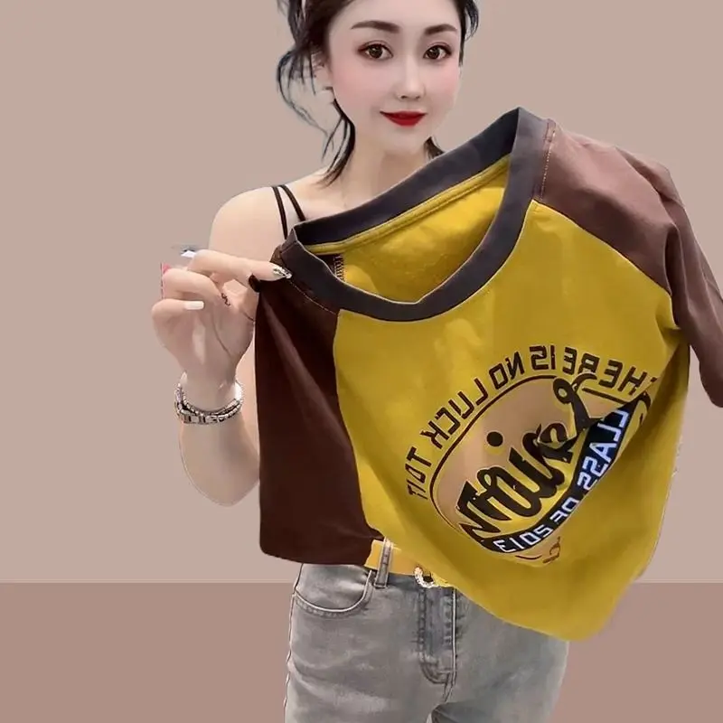 Áo Phông ngắn Tay Áo, Chất Liệu Cotton, Phong Cách Hàn Quốc, Hàng Mới Về Mùa Hè 2024, Dành Cho Nữ, Thiết Kế Khâu, Thường Ngày Và Dễ Phối Đồ Ngoại Cỡ, Có Thể Mặc Như Áo Mỏng Vai