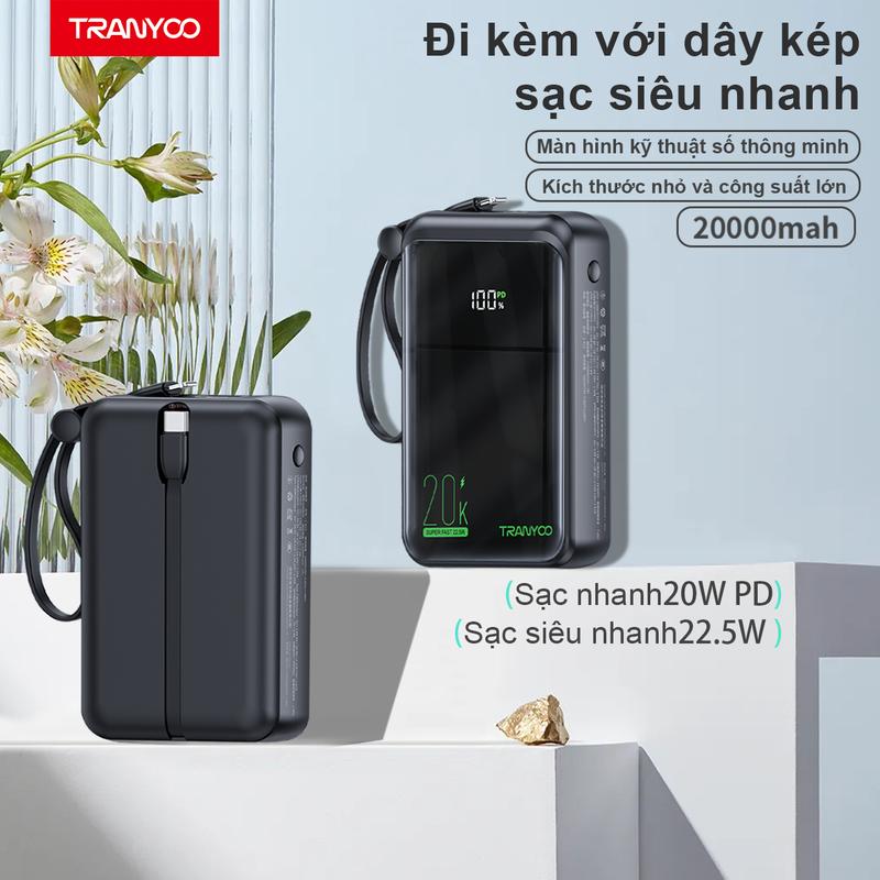 [TRANYOO] Sạc Dự Phòng K14/K15 10000mAh/20000mAh Sạc Nhanh PD22.5W Màn Hình Hiển Thị Pin Tích Hợp Hai Dây Sạc Nhanh Type-c, Lightning Màn Hình LED Titan Chính Hãng type c i phone12 Pin Dự Phòng