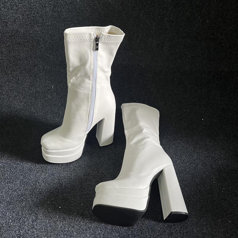 Product Introduction of [ Sẵn ĐEN- TRẮNG] Giày boot nữ cổ lửng cao gót 14cm ĐẾ KÉP phong cách Âu Mỹ GBN120 Bốt Shoes 70
