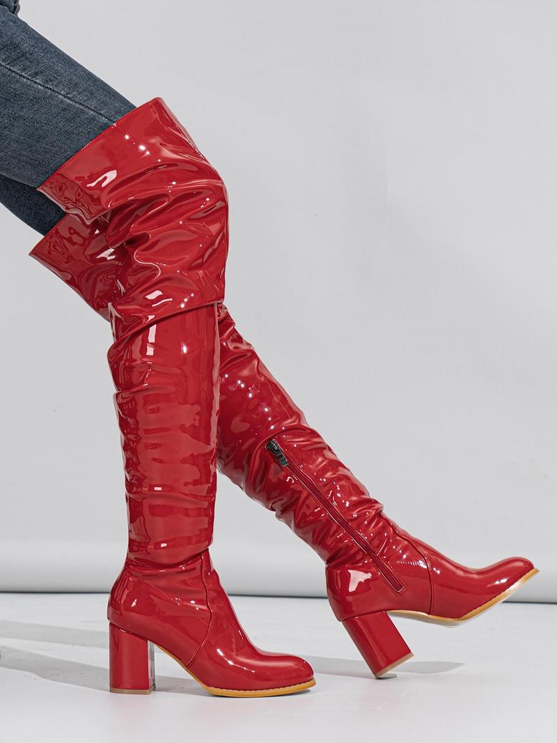 Product Introduction of Women's 2023 New Fashion Pu Over-the-knee High Heeled Boots, Elegant Plain Side Zipper Design Boots, European and American Style Pointed Toe Slouchy Boots for Parties and Evenings 9