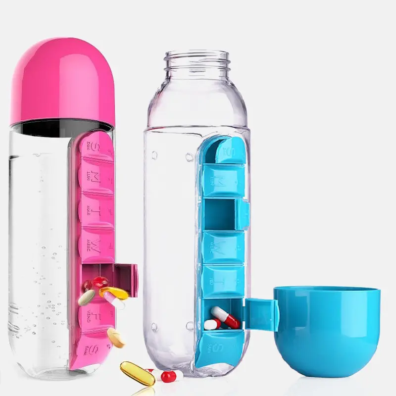 2 in 1 600ml 7 Grids Medicine Box Water Cup Sports Plastic Water Bottle Combine Daily Pill Boxes Organizer Drinking Bottles Outdoor portable water bottle