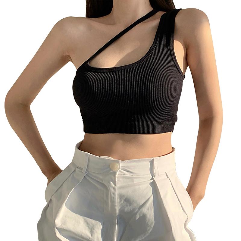 Women Sexy Navel Tops, Plain & Ribbed One Shoulder Sleeveless Slim Crop Top, Ladies Summer Bandage Short Shirt 0