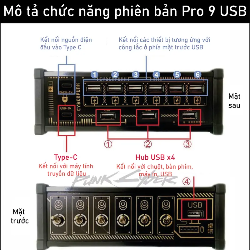 CCông Tắc Tổng Punkcyber cấp nguồn cho thiết bị -Bộ Chia Nguồn cổng hub usb mở rộng 3