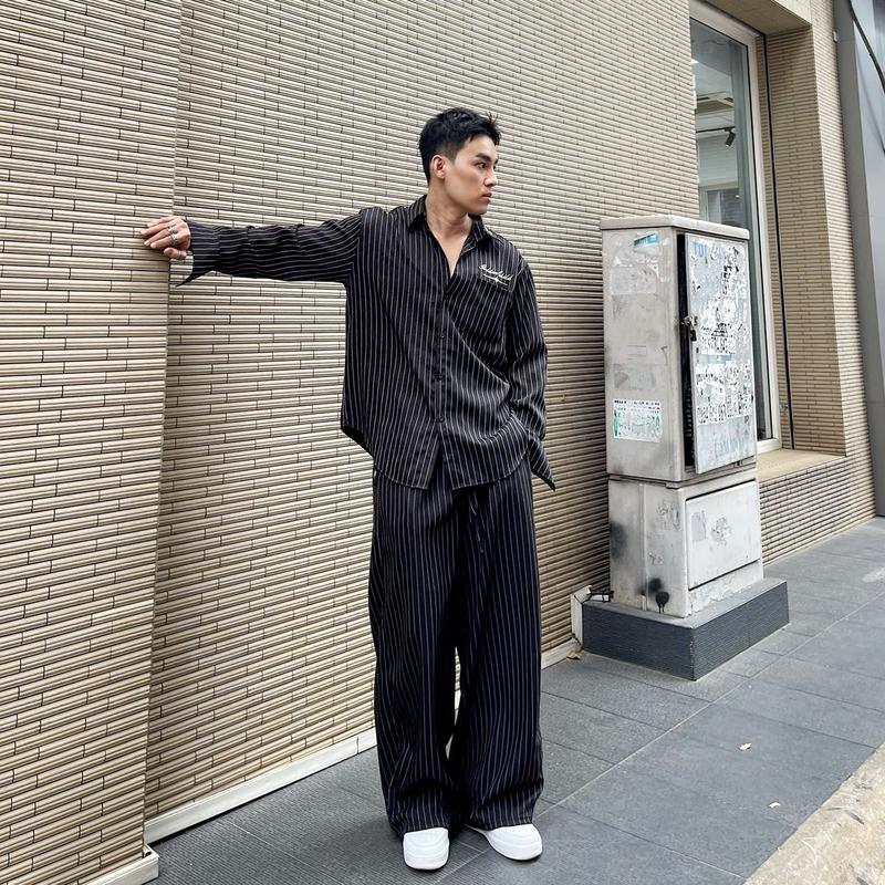 "Combo 1 áo 1 quần" Độc quyền Luongtoanthang712 Áo sơ mi Thêu Golden Child và quần kẻ sọc dài ống rộng FAFIC