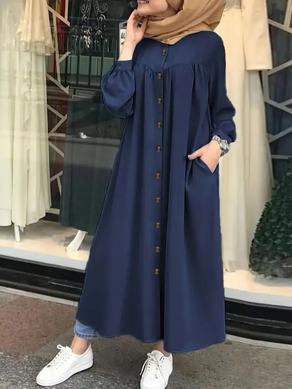 Women's Plain Button Front Dress, Modest Casual Long Sleeve Dress for Daily Wear, Ladies Clothes for All Seasons 0