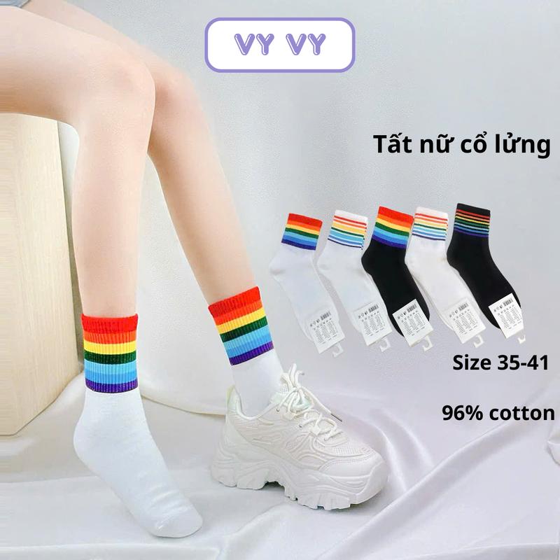 Tất Vớ cổ cao kẻ viền 7 màu cầu vồng chất cotton phong cách trẻ trung, năng động