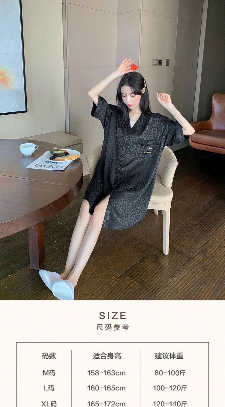 Product Introduction of 2025 New Ice Silk Nightdress for Women Summer Short Sleeve Cardigan Mid-Length Pajamas Thin Sexy Loose Loungewear 1