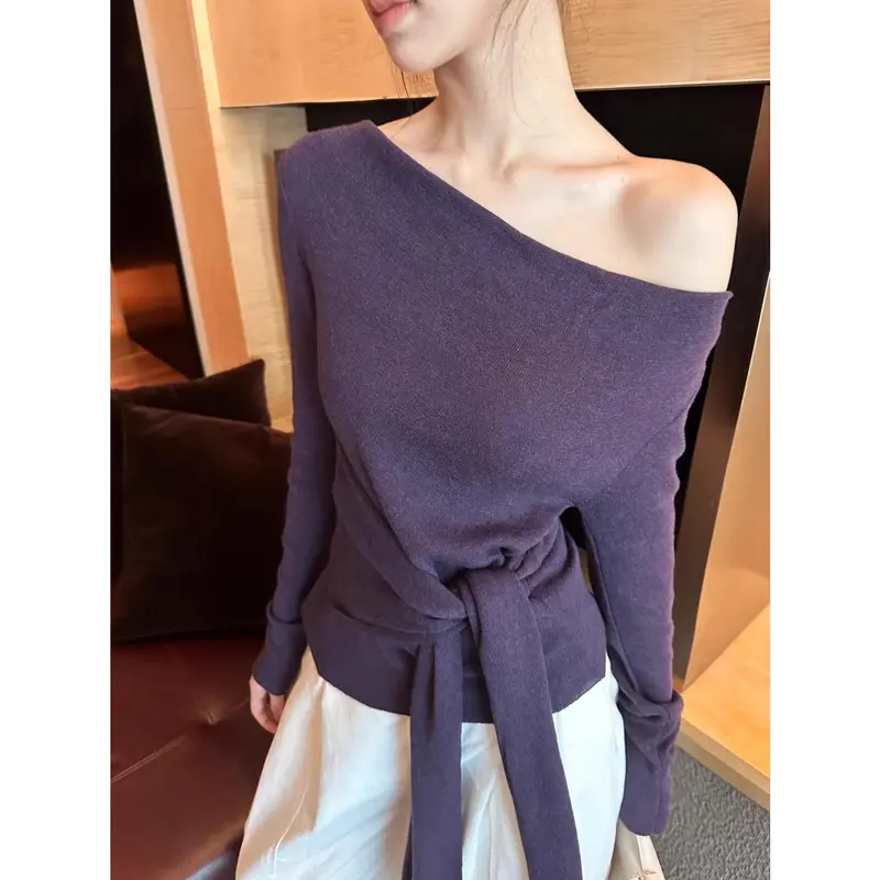 Áo Bên Trong Trễ Vai Bất Đối Xứng Phong Cách Pháp, Dành Cho Nữ, Áo Sơ Mi Cơ Sở Buộc Eo Phong Cách Hàn Quốc Mùa Thu, Áo Bên Trong 0