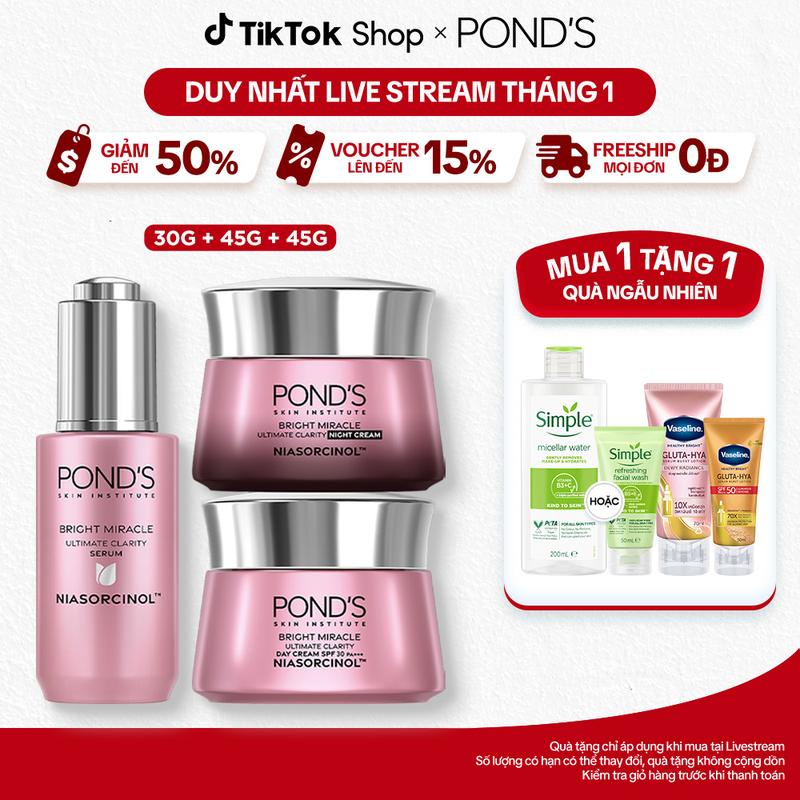   1  Bộ Skincare 1 Serum và 2 Kem Dưỡng Da Pond's Bright Miracle Hỗ Trợ Mờ Thâm với 50X Niasorcinol 30G+45G+45G 