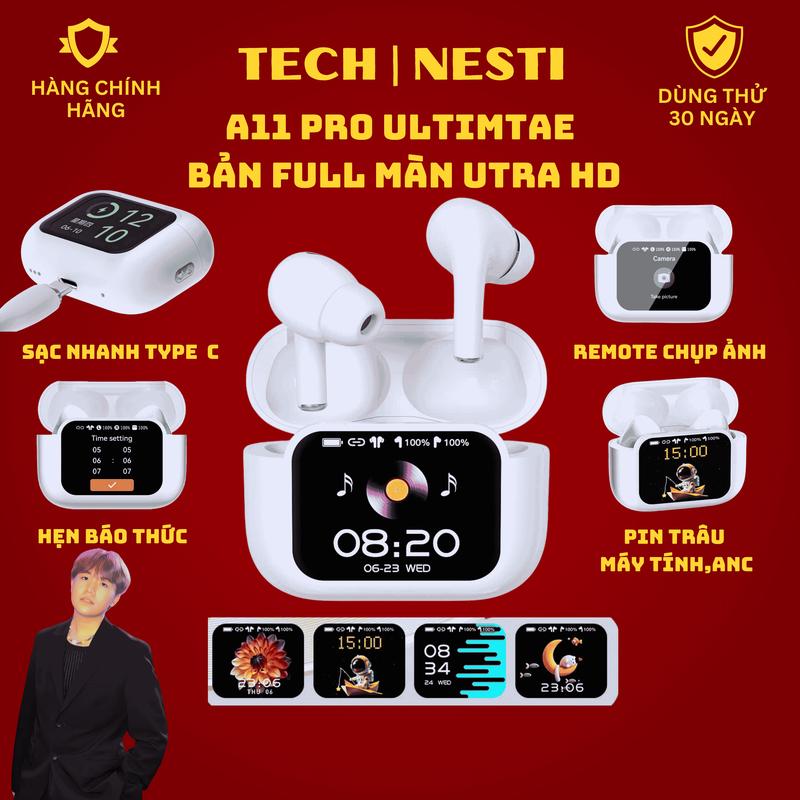 [Bo tran x Nesti] Tai Nghe A11 Ultimate, Full viền màn hình,Giọng nói AI, Có loa hộp sạc,Chuông báo thức, Kết Nối App, Chống ồn ENC/ANC, Kháng nước IPX6, EQ Cân bằng âm thanh, Phù hợp mọi dòng máy