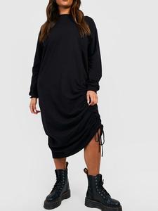 【Plus Size】 Plain Ruched Drawstring Side Bishop Sleeve Dress, Casual Long Sleeve Mock Neck Dress for Fall & Winter, Women's Clothes for Daily Wear, Fancy dress plus size