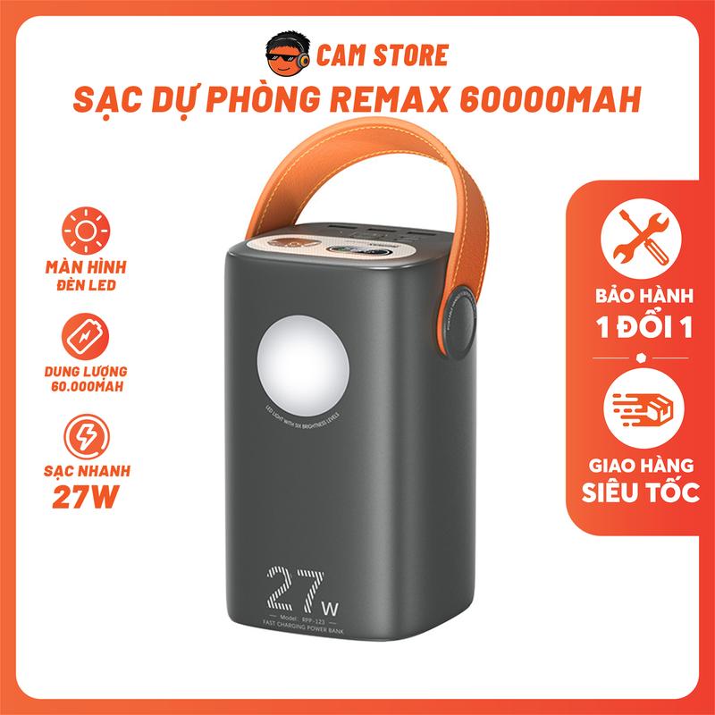 Sạc Dự Phòng RP-123 60.000mAh - Pin Siêu Trâu Sạc Nhanh 27W, 5 Cổng, Sạc 7-15 Lần Điện Thoại, Tích Hợp Đèn Led Quai Xách | REMAX