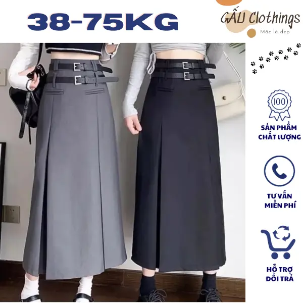 Chân váy xếp ly dáng dài 2 đai độc đáo chân váy Ulzzang midi Y2K phong cách Hàn Quốc