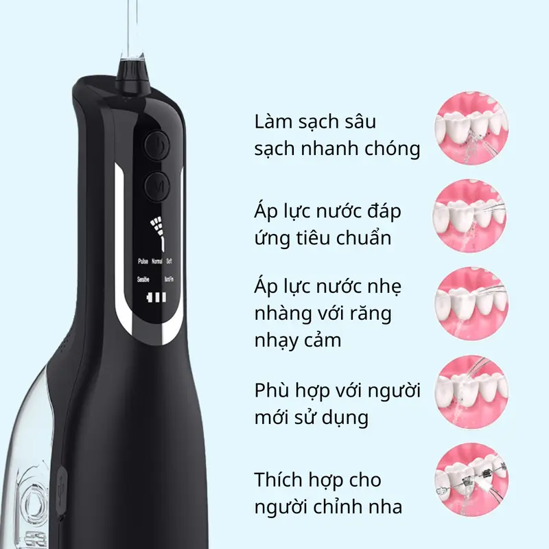 Máy tăm nước cầm tay vệ sinh răng miệng tặng kèm 4 đầu phun, màn hình hiển thị sử dụng cho cả Nữ và nam 4