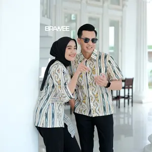 BRAWEE Baju Batik Couple Pria Wanita Raster Hijau Pasangan Katun Pendek Atasan