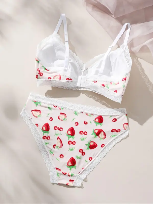 Women's Fruit Print Contrast Lace Bra & Knicker Set, Casual Comfy Breathable Wireless Lingerie Top & Panty Set, Lingerie Set for Women 7
