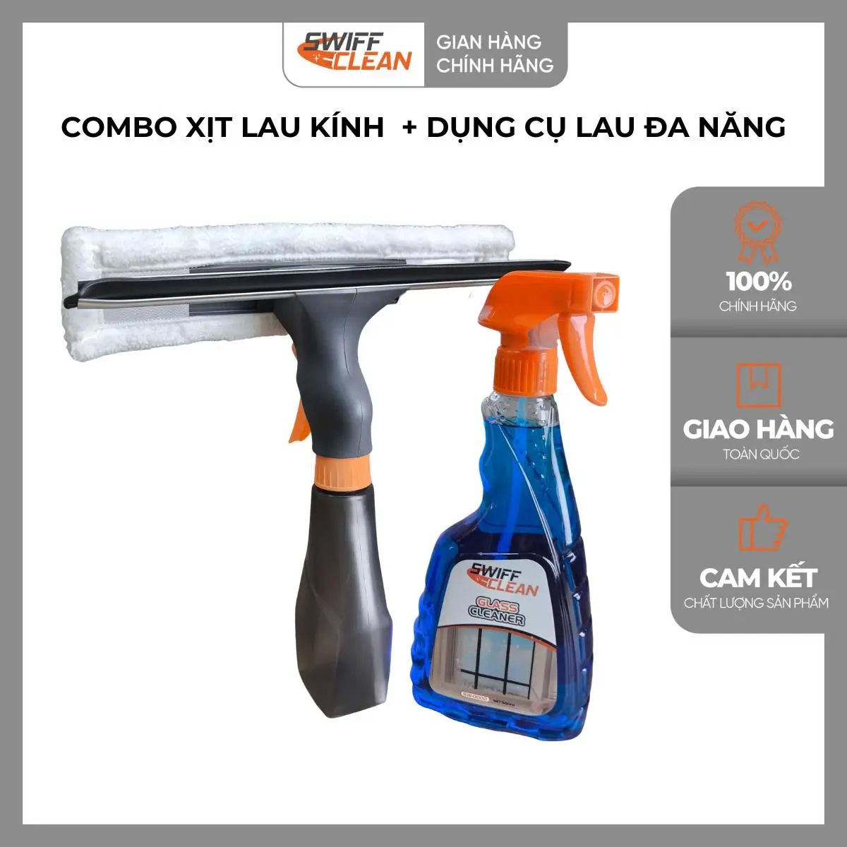 SWIFFCLEAN Combo Nước Lau Kính + Dụng Cụ lau Kính Siêu Sạch Powerful Oil Stain Cleaner Xóa Mọi Vết Bẩn Không Để Lại Vệt, Chống Bám Bụi 500ml