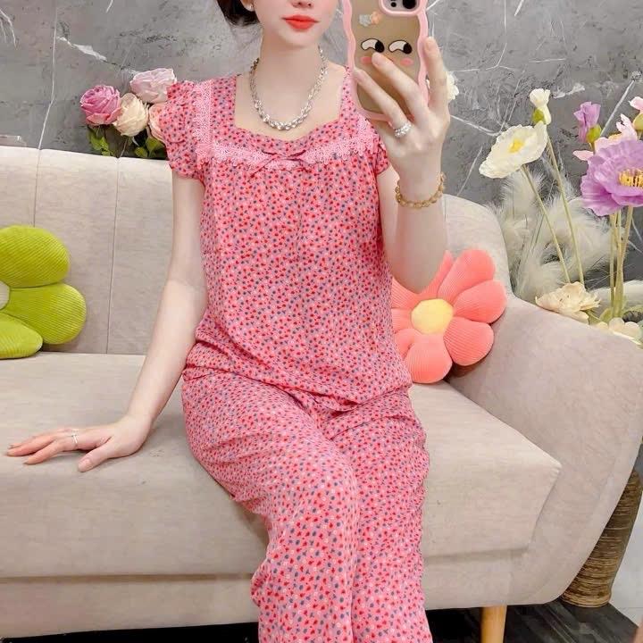  T70C BIGSIZE  63-75kg  Đồ bộ quần dài 9 tấc nữ CÓ TÚI lụa phối ren in hoa ngẫu nhiên Áo Top Đỏ Nhung Women 