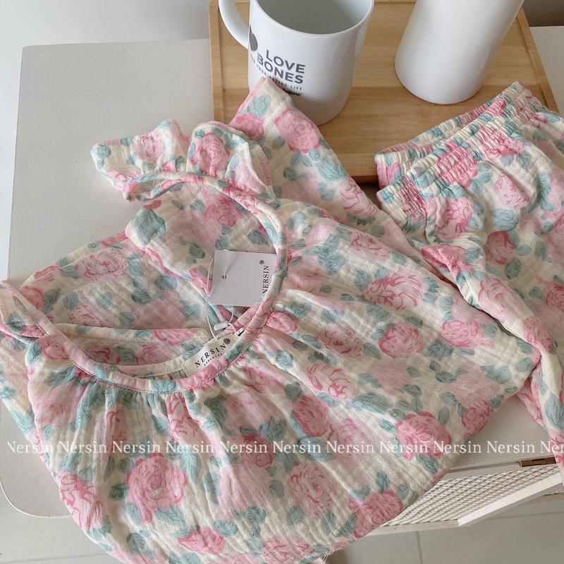 NERSIN Bộ đùi mặc nhà 2 dây cánh tiên xinh xắn chất liệu vải xô muslin cao cấp Nữ 4