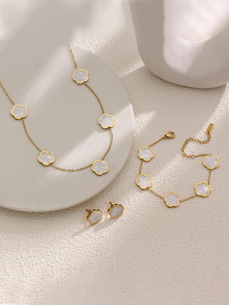 Product Introduction of Summer 2024 Flower Design Vintage Jewelry Set, Stud Earrings & Necklace & Chain Bracelet for Party, Daily Clothing Decor, Trendy Clean Girl  Jewellery for Women for Birthday Gift 11