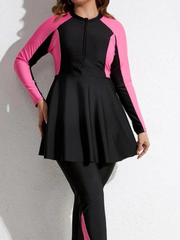 【Plus Size】 Colorblock Zipper Mock Neck Peplum Top & Skinny Pants Swimsuit Set, Sporty Tight FIt Long Sleeve Swim Top & Swim Leggings, Women's Spring & Fall Swimwear, Activewear 2