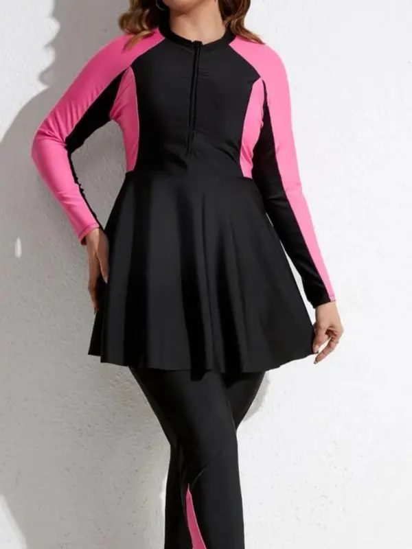 【Plus Size】 Colorblock Zipper Mock Neck Peplum Top & Skinny Pants Swimsuit Set, Sporty Tight FIt Long Sleeve Swim Top & Swim Leggings, Women's Spring & Fall Swimwear, Activewear 2