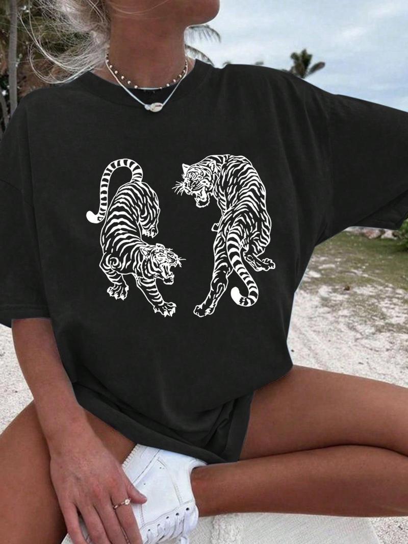 Product Introduction of Women's Tiger Print Drop Shoulder Tee, Casual Half Sleeve Round Neck T-shirt for Summer, Ladies Clothes for Daily Wear, Womenswear 1