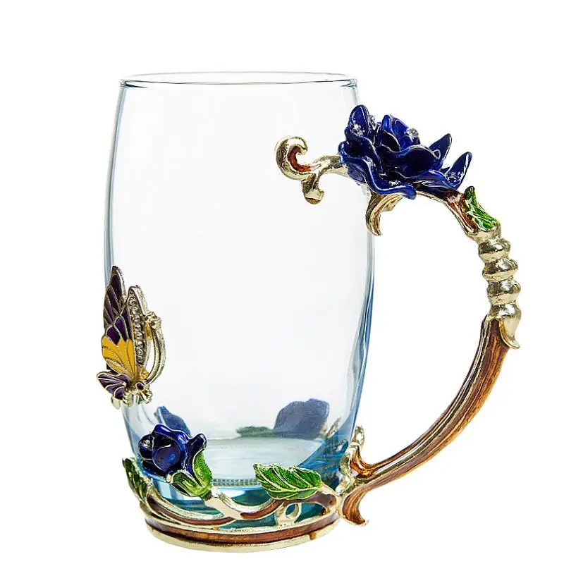 1 Set Butterfly & Rose Decor Glass Cup with Handle, Vintage Drinking Glass with Lid & Spoon, Creative Tea Cup for Office Home Daily Use, Gifts for Friends 4