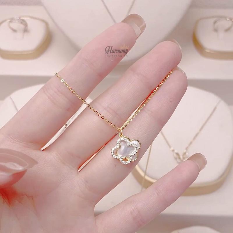 Dây chuyền nữ vòng cổ bạc 925 mặt cỏ 4 lá kép đính đá và khảm trai mạ vàng 14k | TRANG SỨC BẠC HARMONY VC137