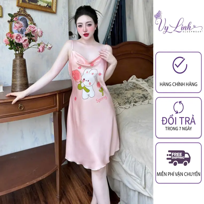 Đầm Ngủ Hai Dây Cổ Đổ Hoạ Tiết Dễ Thương Chất Liệu Lụa Latin Nhẹ Mát S1296 2