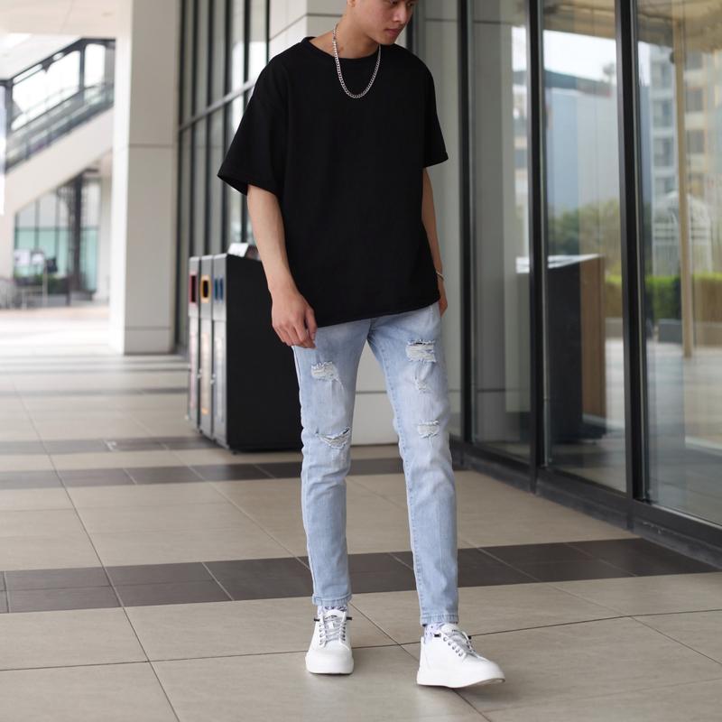 Quần bò jeans nam rách gối chất bò co giãn tốt màu xanh nhạt dáng slimfit skinny phom ôm 5679 hà nội hcm Menswear Pants Có Túi