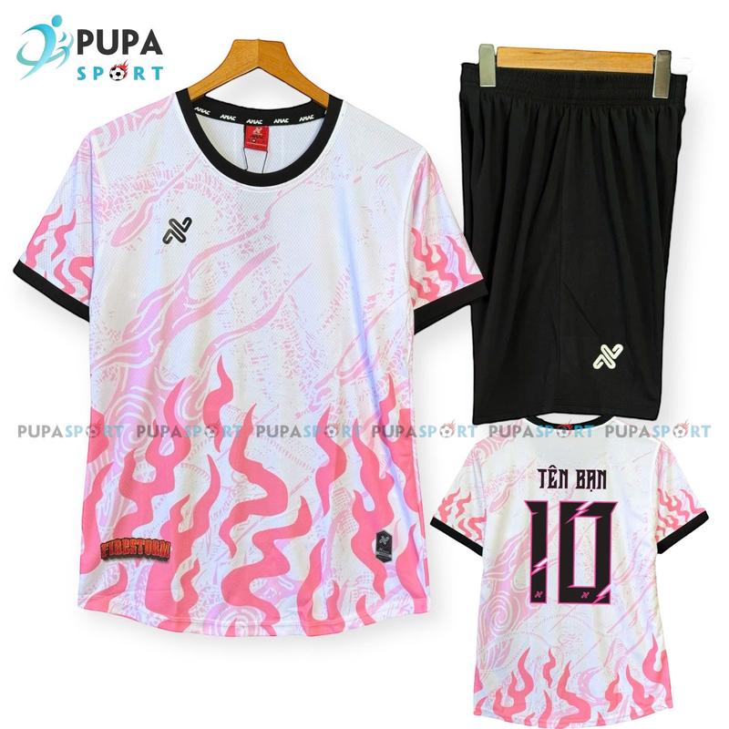Bộ Đồ Đá Banh Không Logo Amac Fire Storm Màu Trắng Hồng, Vải Mè Lục Giác Cho Nam Nữ, Có In Tên Unisex Sport Top Quần Quần Thun Áo Thun Tập Thể Dục
