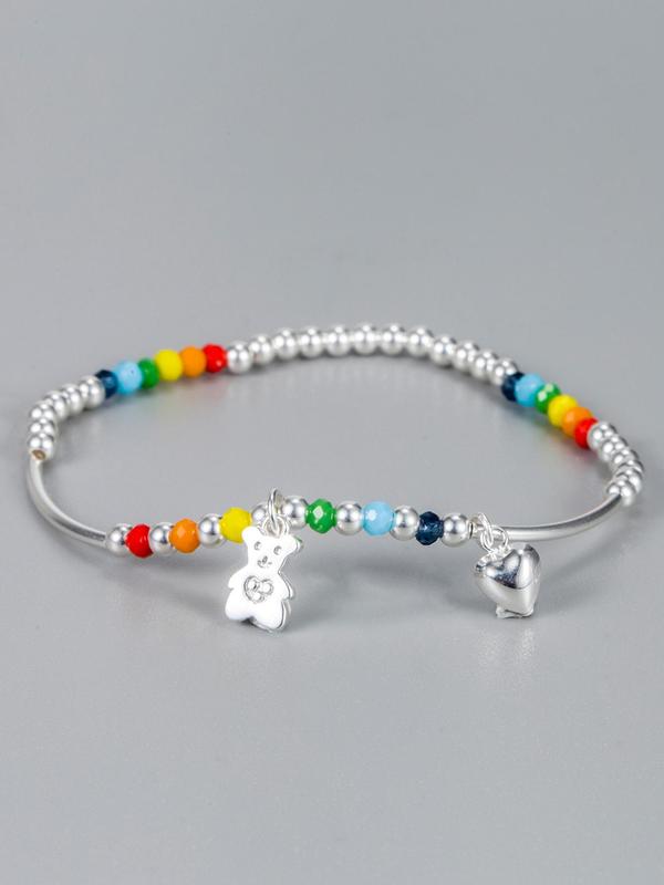 S925 Sterling Silver Cute Bear & Colorful Beads Decor Bracelet, Fashionable Jewelry for Women & Girls, Trendy All-match & Exquisite Jewelry for Birthday Gift 2