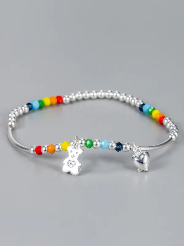 S925 Sterling Silver Cute Bear & Colorful Beads Decor Bracelet, Fashionable Jewelry for Women & Girls, Trendy All-match & Exquisite Jewelry for Birthday Gift 2