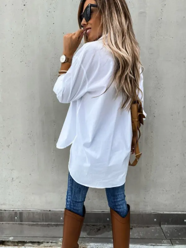 【Plus Size】 Solid Color Rolled Sleeve Button Up Shirt, Casual Curved Hem Top for Spring & Fall, Women's Clothes for Daily Wear 8