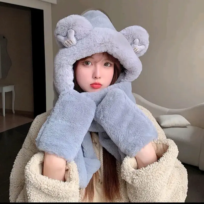 Mũ len nữ thời trang Hàn Quốc , nón lông cừu tai gấu kèm găng tay và khăn quàng cổ cute ấm áp (có nhiều màu) Hat 0