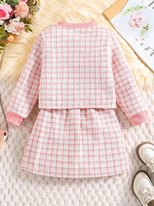 Two-piece Set Toddler Girl's Plaid Button Front Outerwear & Skirt Set, Elegant Long Sleeve Round Neck Knit Top & High Waist Skirt, Kids Spring & Fall Clothes 1